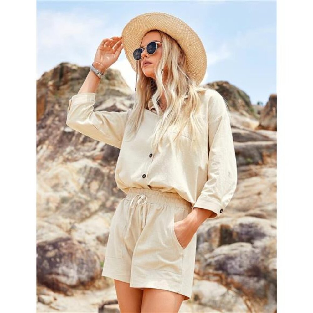 Zeagoo Women’s 2 Piece Lounge Tracksuit Outfit Sets Cotton Linen High Low Shirt - Picture 3 of 7